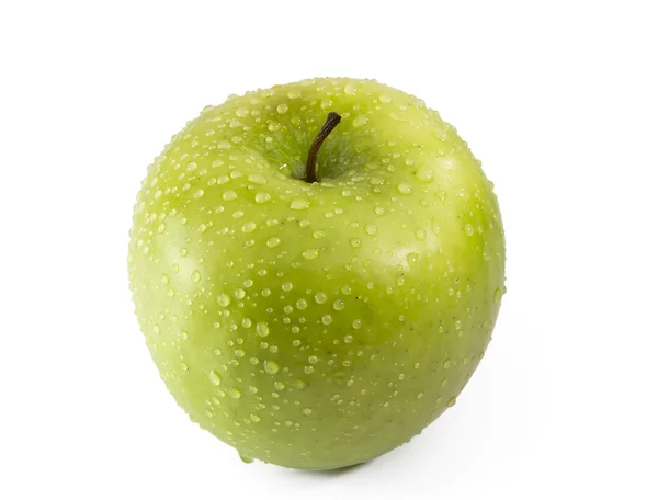 Zielone Jabłuszko z kroplami rosy — Zdjęcie stockowe