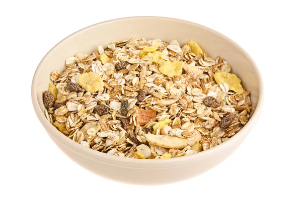 stock image Dry Muesli in a Ceramic Dish isolated on white background