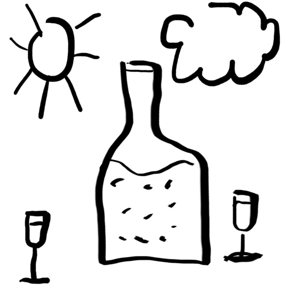 Primitive Zeichnung einer Flasche und eines Weinglases — Stockfoto