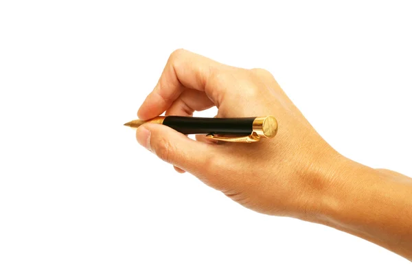 Pen in een hand op een witte achtergrond Stockfoto