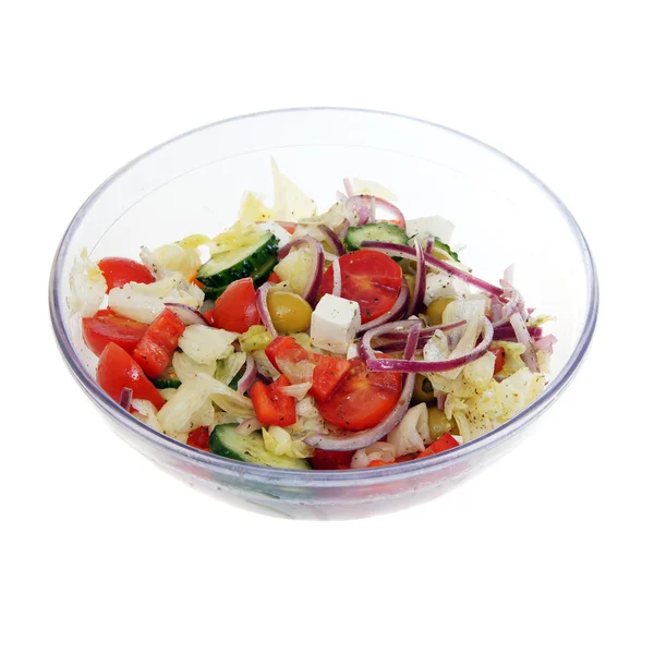Frischer Gemüsesalat in durchsichtigem Geschirr, isoliert auf dem weißen — Stockfoto