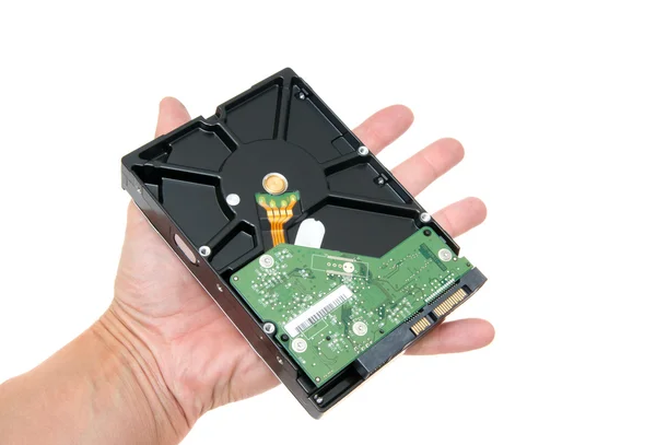 Computer hard disk in a hand, isolated on the white — Stock Photo, Image