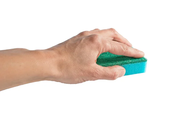 Schoonmaak spons in de menselijke hand, geïsoleerd op de witte — Stockfoto