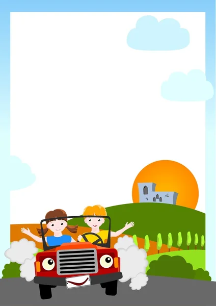 Hintergrund mit Kindern im roten Auto — Stockvektor