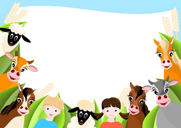 Çocuklar ve mutlu çiftlik hayvanları ile arka plan — Stok Vektör