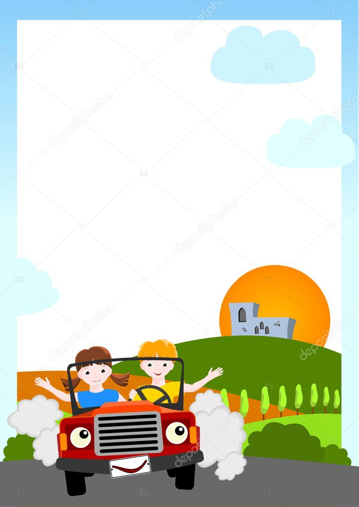 Background with children in red car