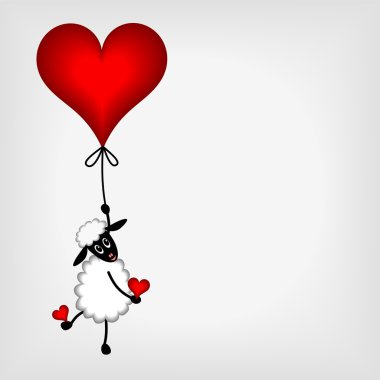 Cute little sheep hanging on red heart - ballon clipart