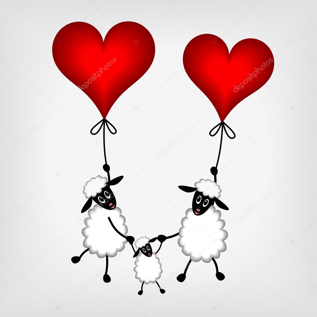 Two sheep with red hearts - balloon and lamb - vector illustrati