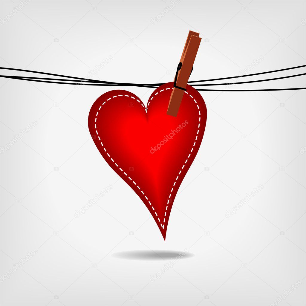Hanging red heart with white stitches - vector illustration