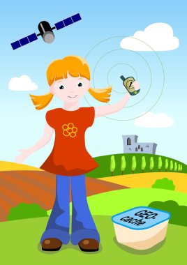 Girl with GPS and geocache clipart
