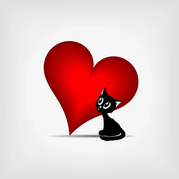 Černá kočička s červeným srdcem - kopie prostor — Stockový vektor