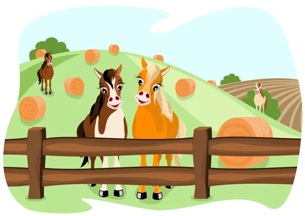 Dva roztomilý koně na pastvině — Stockový vektor
