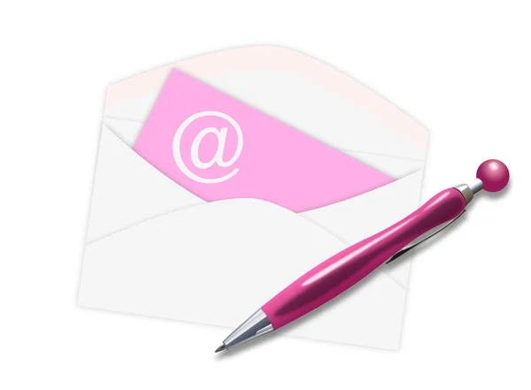 Umschlag mit at-Zeichen und rosa Kugelschreiber — Stockfoto