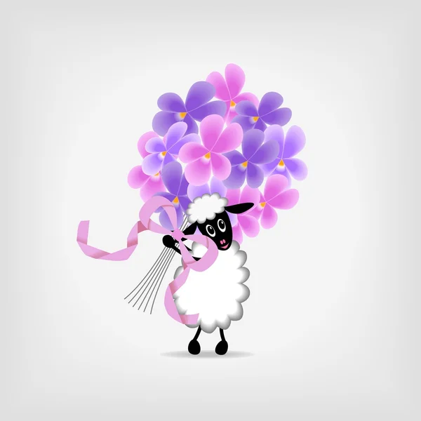 Cordero con ramo de flores violetas — Vector de stock