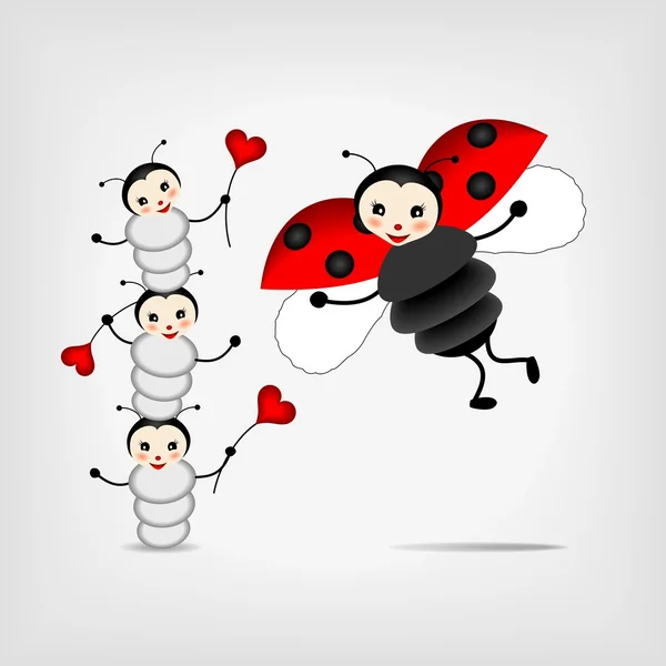 Mère coccinelle avec trois bébés — Image vectorielle