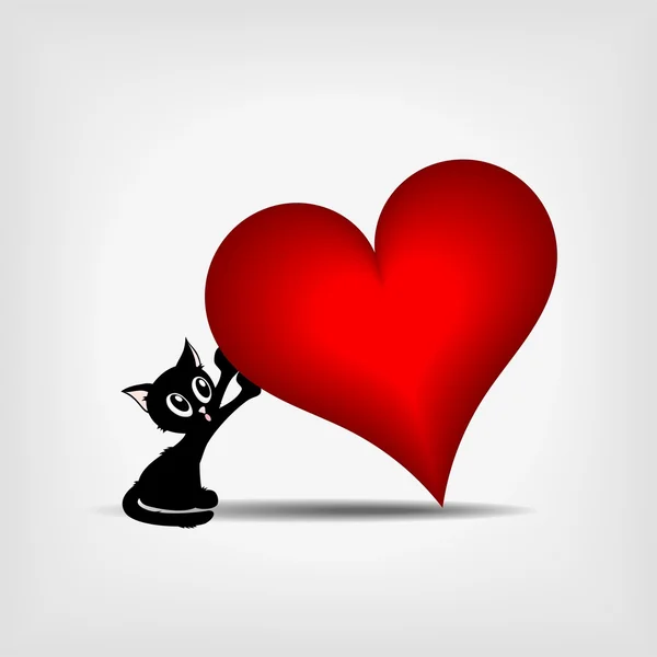 Gatinho preto segurando grande coração vermelho — Vetor de Stock