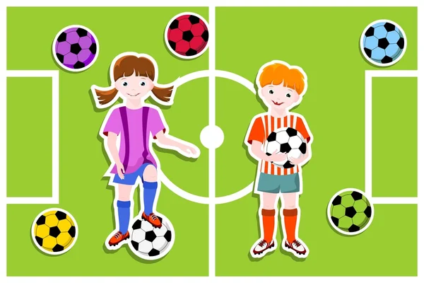 Jongen en meisje - voetbal (soccer) thema — Stockvector