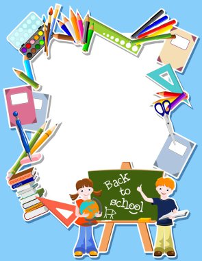Children with blackbord and suppliers - back to school concept clipart