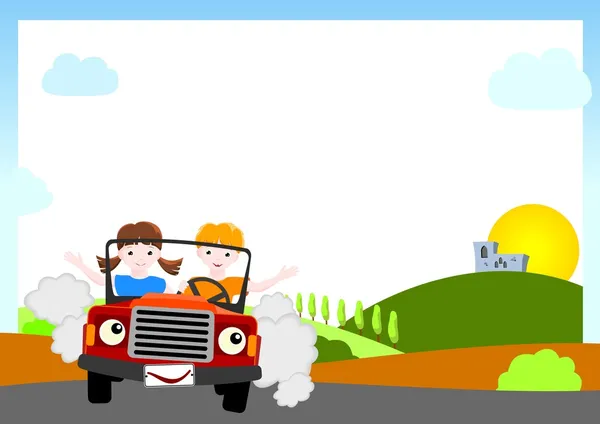 赤い車で子供たちと背景 — ストックベクタ