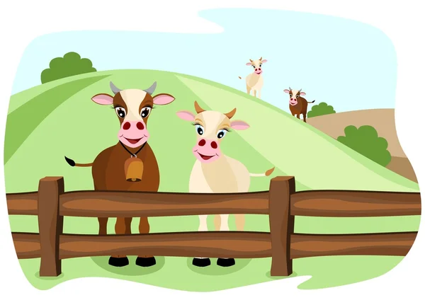 Zwei niedliche Kühe auf der Weide — Stockvektor