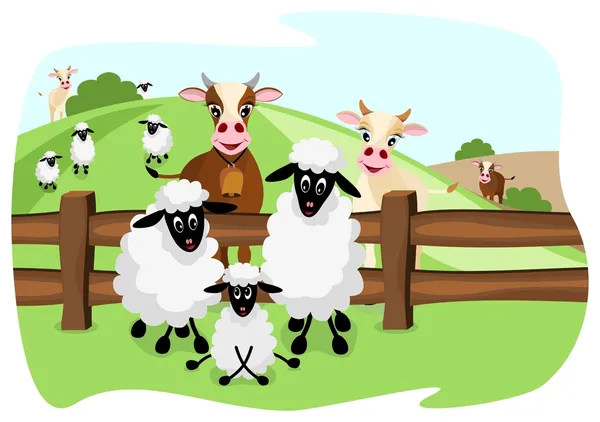 可爱棕色奶牛和牧场上的白羊 — 图库矢量图片