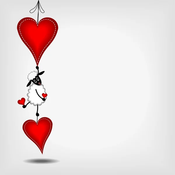 Zwei hängende rote Herzen mit weißen Nähten und niedlichem Lamm - vecto — Stockvektor