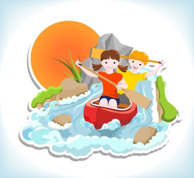 Two children on red canoe clipart