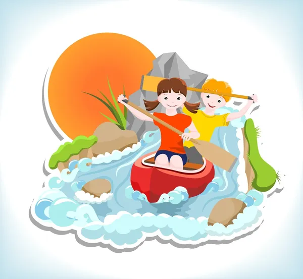 Dos niños en canoa roja — Vector de stock