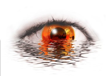 Abstract human eye with orange earth with water reflection clipart