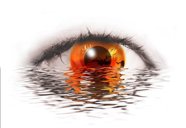 Abstract human eye with orange earth with water reflection — Stock Photo, Image