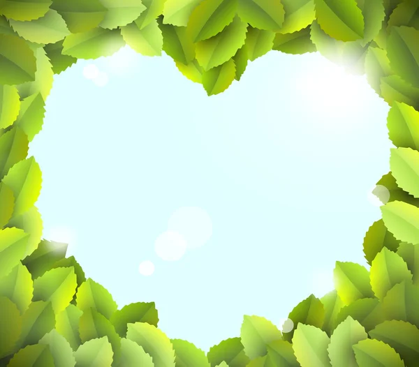 Blue sky in heart frame from green leaves — Stock Photo, Image