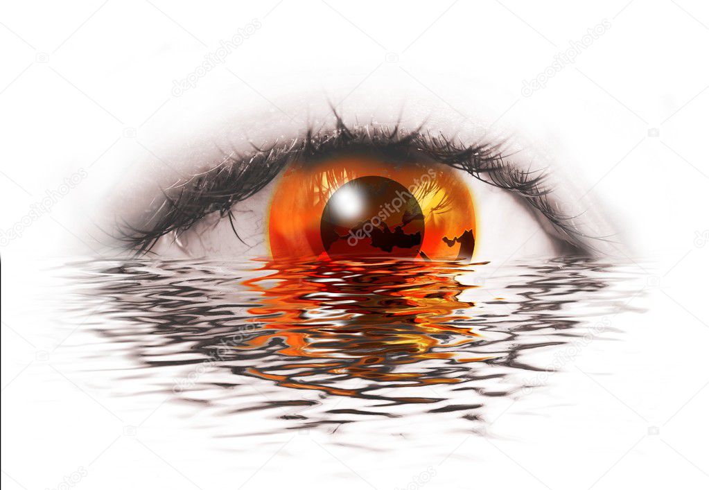 Abstract human eye with orange earth with water reflection