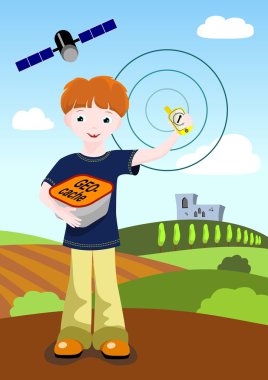 Boy with GPS and geocache clipart