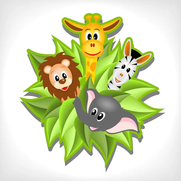 Pequeno elefante de desenhos animados, girafa, leão e zebra — Vetor de Stock