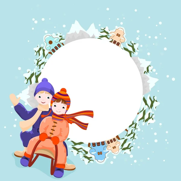 Winter background with children riding sleigh — Stock Vector
