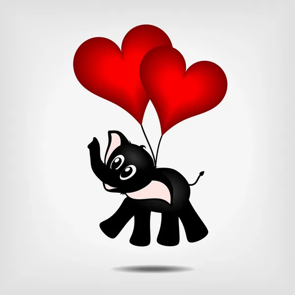Pequeno elefante preto com dois corações vermelhos - balões — Vetor de Stock