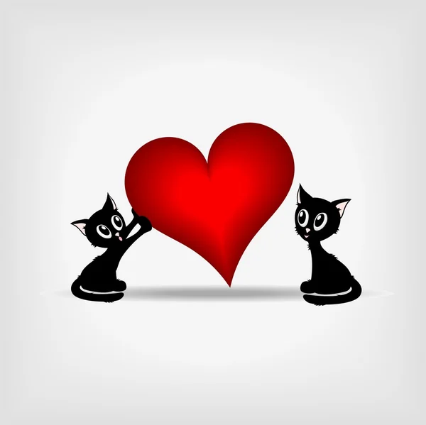 Dois gatinhos pretos e grande coração vermelho - ilustração vetorial — Vetor de Stock