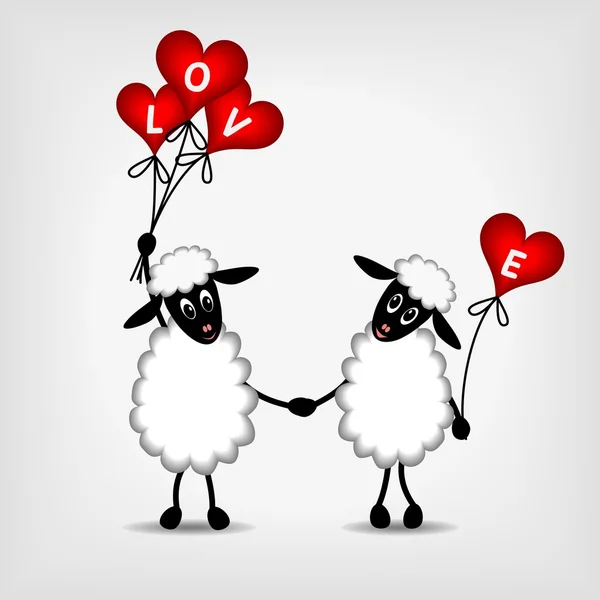 Zwei verliebte Schafe mit roten Herzen - Luftballons — Stockvektor
