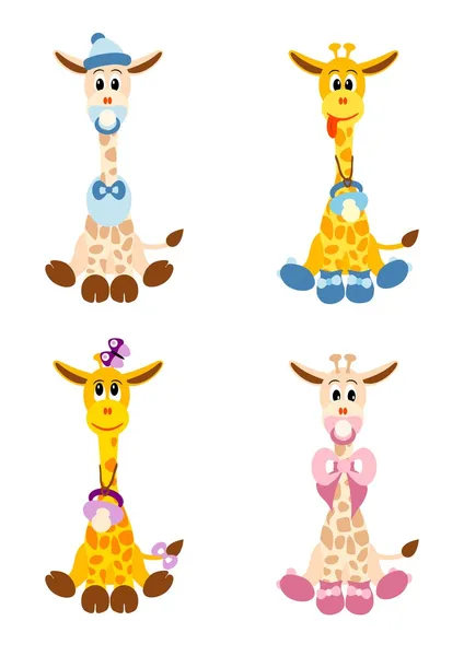 Quatro girafas pequenas como bebés recém-nascidos —  Vetores de Stock