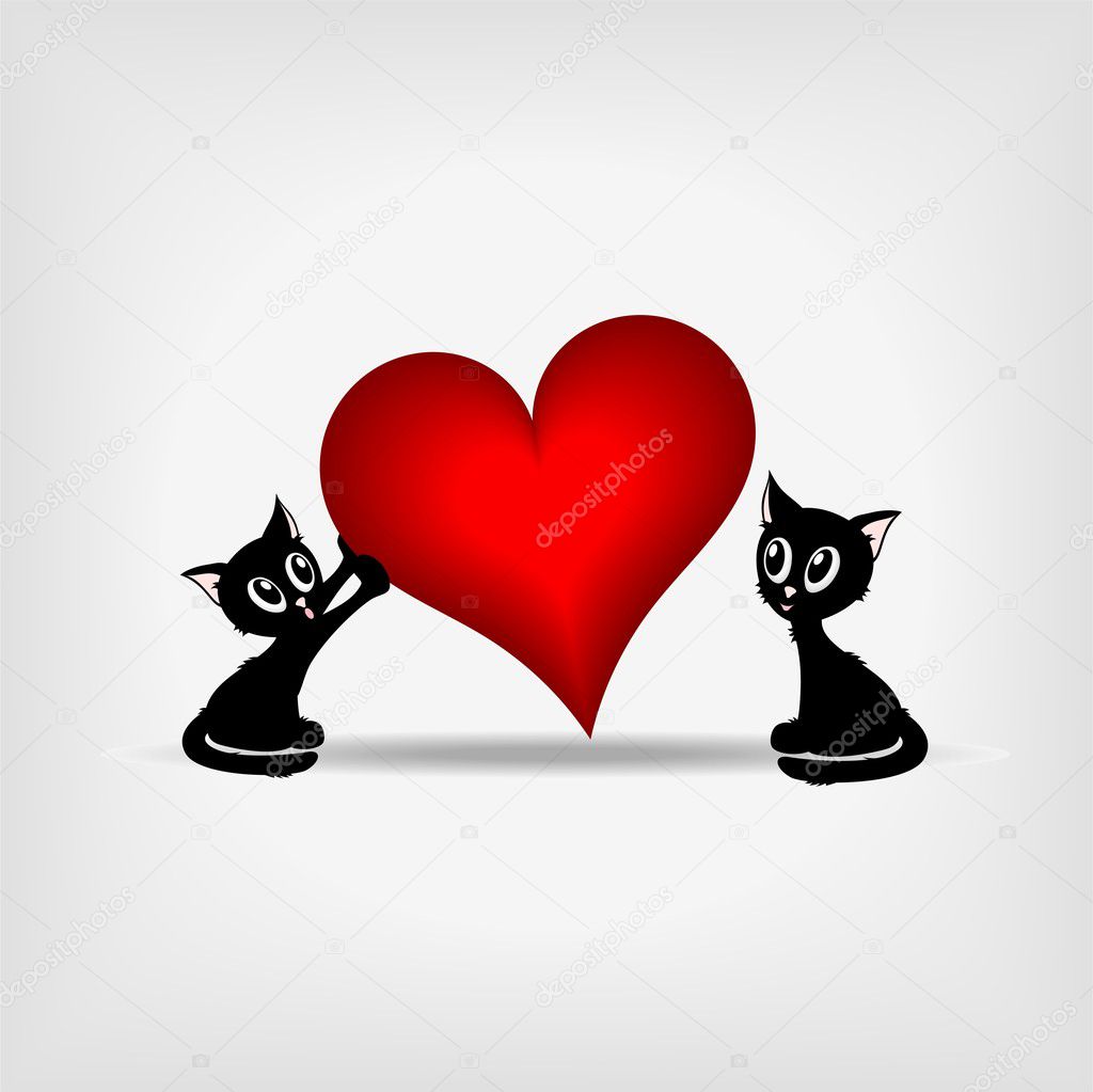 Two black kittens and big red heart - vector illustration