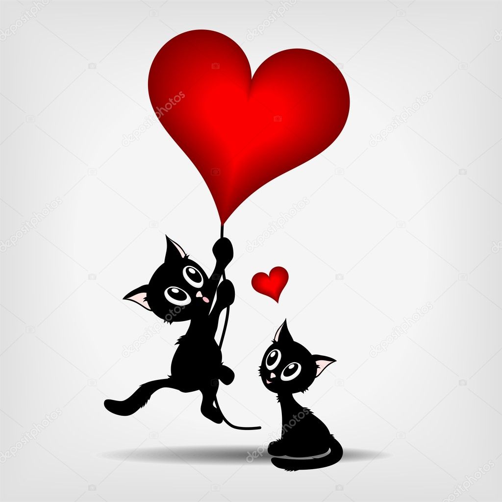 Two black kittens and red heart - balloons - vector illustration