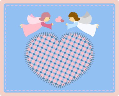 Two beautiful little angels with a patchwork hart on a blue back clipart