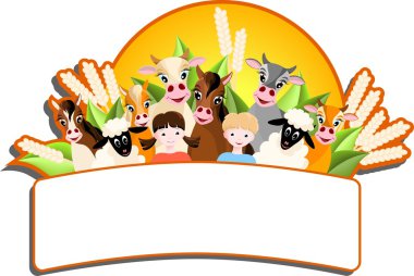 Children and happy farm animals clipart