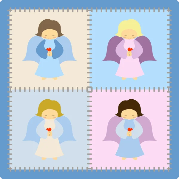 Four cute colorful angels on patchwork background — Stock Vector