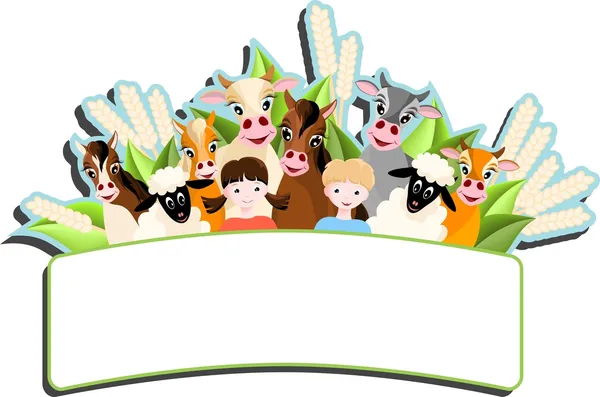 Children and happy farm animals — Stock Vector