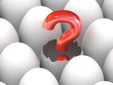 A red question mark sign hatching from a brown egg. clipart
