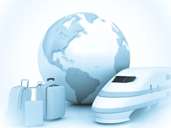 Train traffic with a globe and luggage — Stock Photo, Image