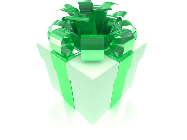 ग्रीन रिबन और धनुष के साथ एक सफेद उपहार बॉक्स अलग — स्टॉक फ़ोटो, इमेज