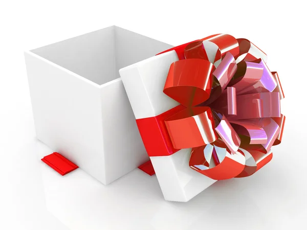 Presentförpackning med röda band och rosett. — Stockfoto