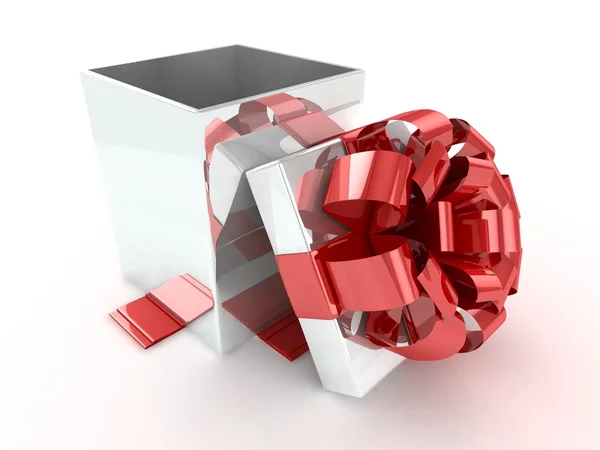Caixa de presente aberta com arco vermelho e fitas . — Fotografia de Stock